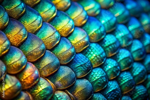 Vibrant iridescent fish scales shimmering in shades of blue, green, and gold, with intricate patterns and textures, photo