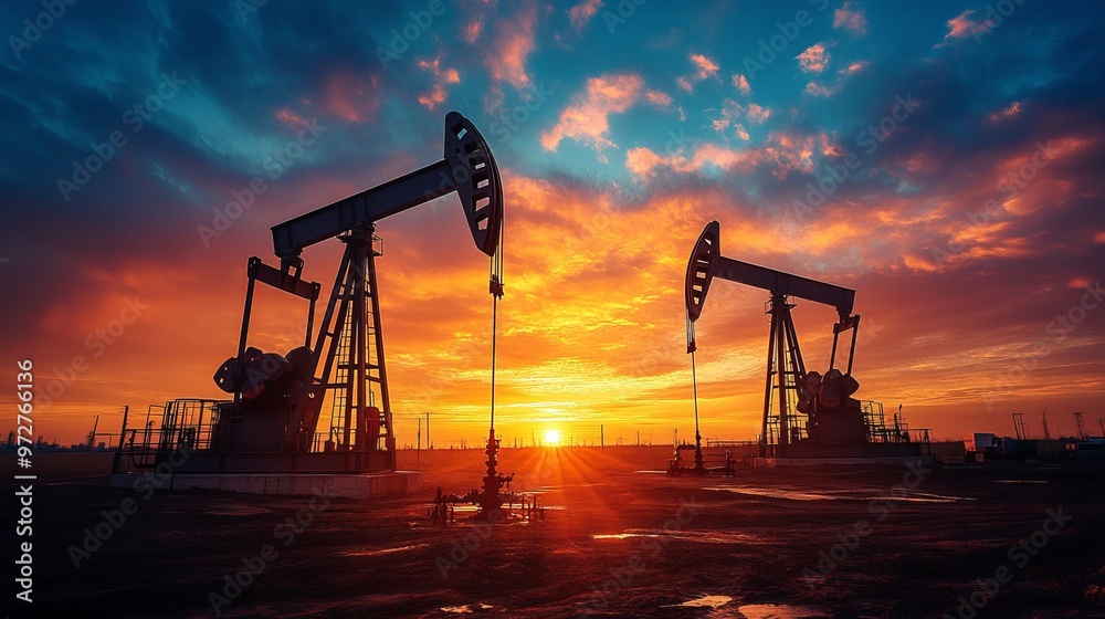 Working Pumpjacks On Sunrise. Silhouette of oil pump jack on rig. Oil drilling company growth. Financial and commodity markets.** Working Pumpjacks On Sunrise. Silhouette of oil pump jack on rig. Oil drilling company growth. Financial and commodity markets.**