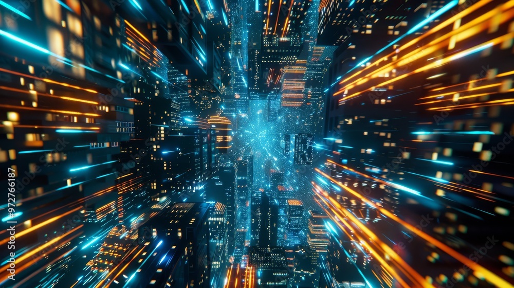 A futuristic cityscape with sleek skyscrapers reflecting neon lights against a starry sky, created in high-tech CGI with a worms-eye view perspective