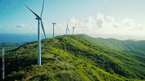 Wind turbines on a mountain, surrounded by lush greenery, clear blue sky, renewable energy in nature