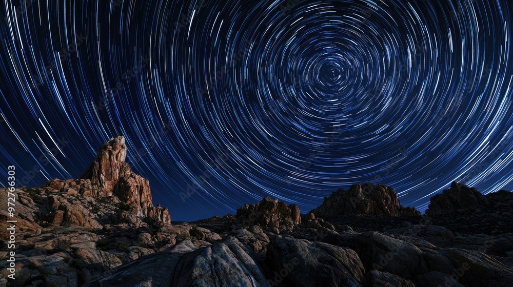 Fototapeta premium A timelapse effect of stars circling in the night sky, their paths creating bright, circular trails above a rocky landscape.