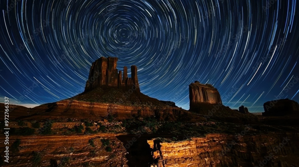 Obraz premium A timelapse effect of stars circling in the night sky, their paths creating bright, circular trails above a rocky landscape.