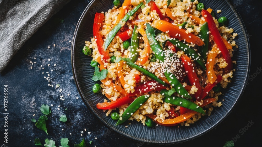 A vibrant plate of cauliflower rice stir-fry with bell peppers, carrots, and snap peas, A vibrant plate of cauliflower rice stir-fry with bell peppers, carrots, and snap peas,
