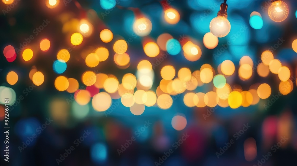 Blurred background of colorful lights hanging over a crowded space.