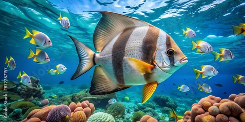 Vibrant juvenile batfish with large pectoral fins and spotted body swims near coral reef, surrounded by schools of photo