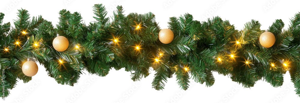 © Alena - Festive Christmas garland seamless and endless with minimalist decor, green needles, lights for winter holiday decorations. Isolated on transparent background. PNG
