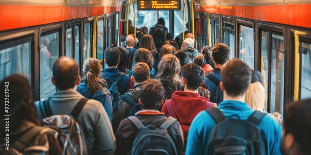 Fototapeta premium A crowded scene inside public transport, capturing the hustle of daily commuters and their diverse styles and expressions.
