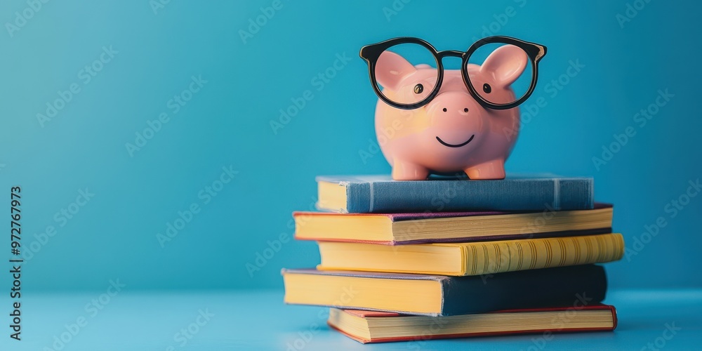A cute piggy bank wearing glasses sits atop a stack of colorful books, symbolizing finance, education, and savings in a fun way. A cute piggy bank wearing glasses sits atop a stack of colorful books, symbolizing finance, education, and savings in a fun way.