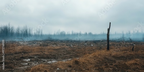 A desolate landscape showing charred earth and smoke after a forest fire, highlighting nature's devastation and recovery.