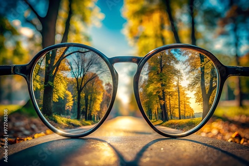 Creative Perspective Through Eyeglasses, Autumn Park Scene, Warm Golden Hour Light