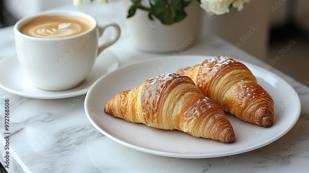 A modern breakfast scene displaying two croissants and a cup of coffee on a white plate, set on a marble table, conveying a sense of luxury and simplicity. A modern breakfast scene displaying two croissants and a cup of coffee on a white plate, set on a marble table, conveying a sense of luxury and simplicity.