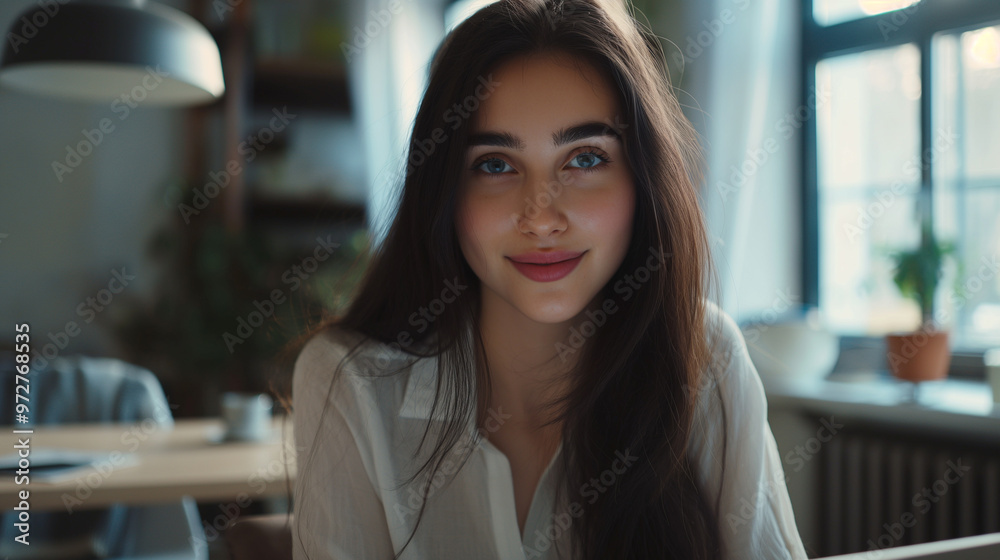 Beautiful dark-haired girl sits with laptop and smiles at camera. Work is a pleasure. Life and work balance Beautiful dark-haired girl sits with laptop and smiles at camera. Work is a pleasure. Life and work balance