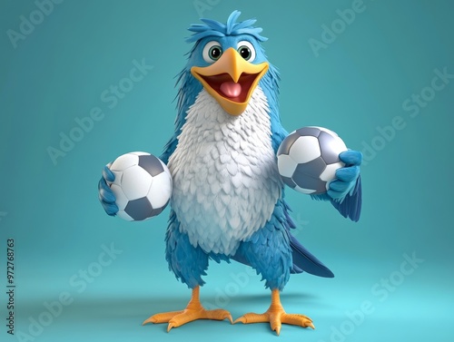 Pigeons playing soccer against a solid colored background | Stock Photo