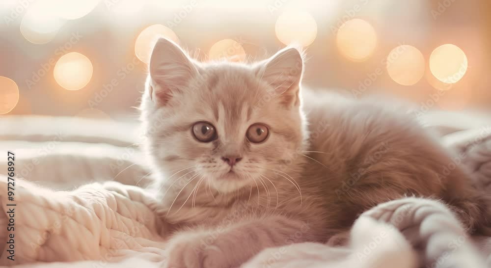 Cute Gray Kitten Resting on Soft Blanket with Blue Bokeh Lights