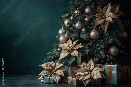 A Christmas tree decorated with metallic gold and silver ornaments, poinsettias flowersat, presents under the tree, dark green background photo