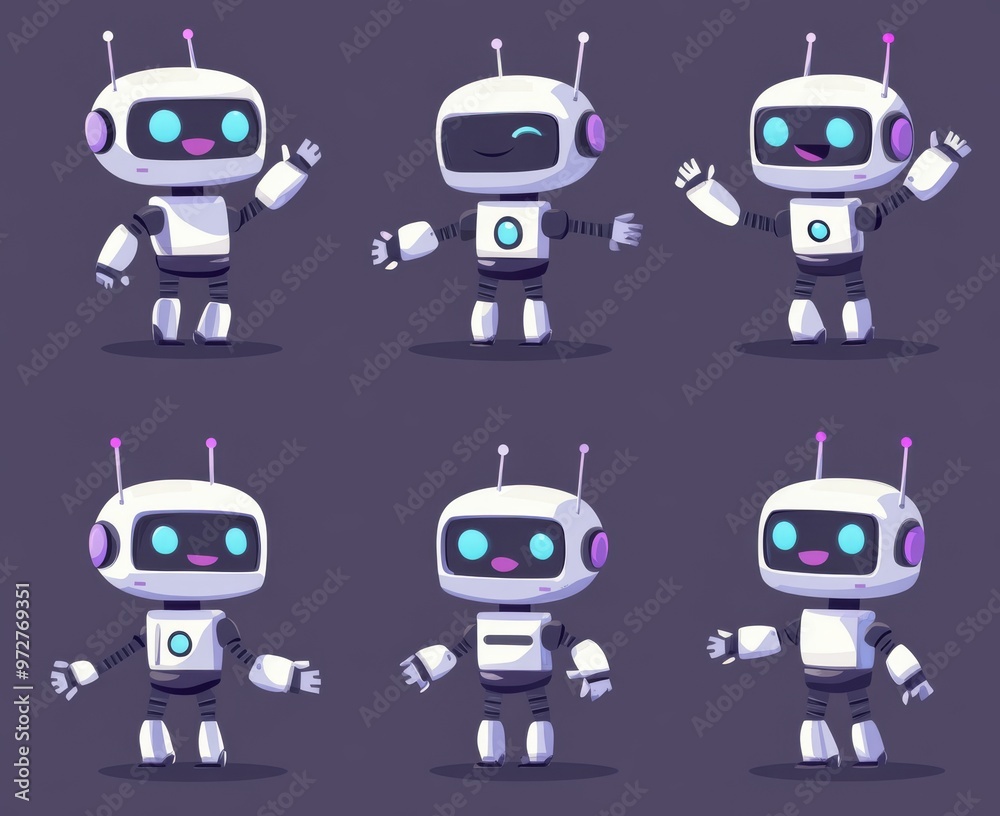 This is a cute AI robot character futuristic cartoon set. It represents anger, surprise, fatigue and happiness. This is a brilliant clipart image of a cyber bot companion. This is a cute AI robot character futuristic cartoon set. It represents anger, surprise, fatigue and happiness. This is a brilliant clipart image of a cyber bot companion.