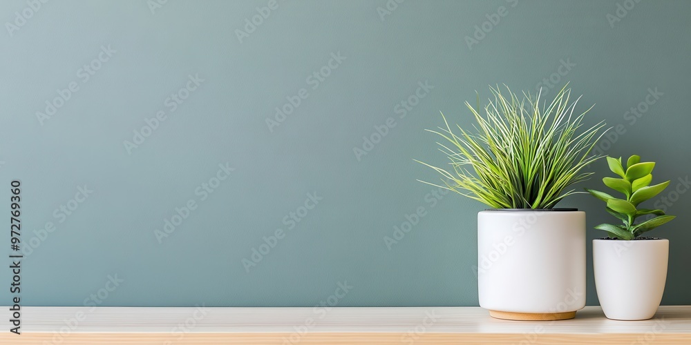 A modern arrangement of potted plants on a wooden surface against a stylish green wall for home decor inspiration. A modern arrangement of potted plants on a wooden surface against a stylish green wall for home decor inspiration.