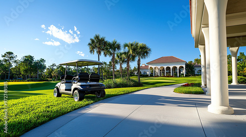 a golf cart parked by the clubhouse, highlighting the luxurious amenities of the course photo