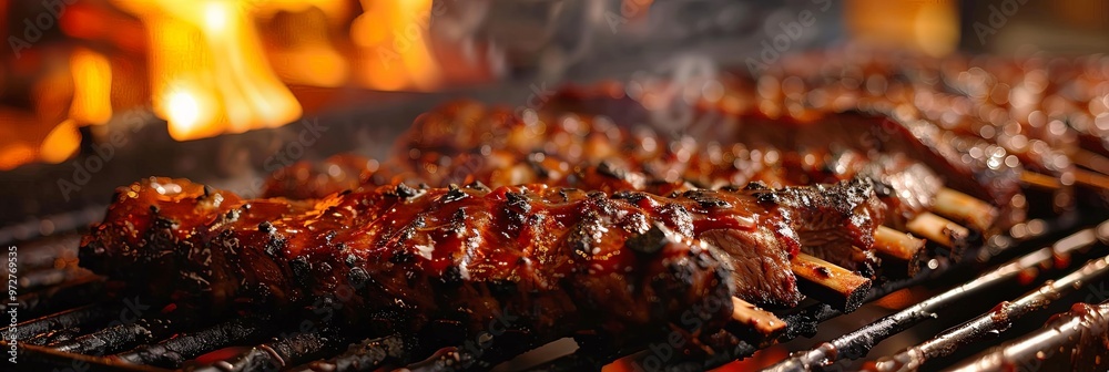 Mouth-watering BBQ ribs sizzle over blazing flames on the grill, showcasing the perfect blend of flavor, heat, and culinary mastery for barbecue enthusiasts. Mouth-watering BBQ ribs sizzle over blazing flames on the grill, showcasing the perfect blend of flavor, heat, and culinary mastery for barbecue enthusiasts.