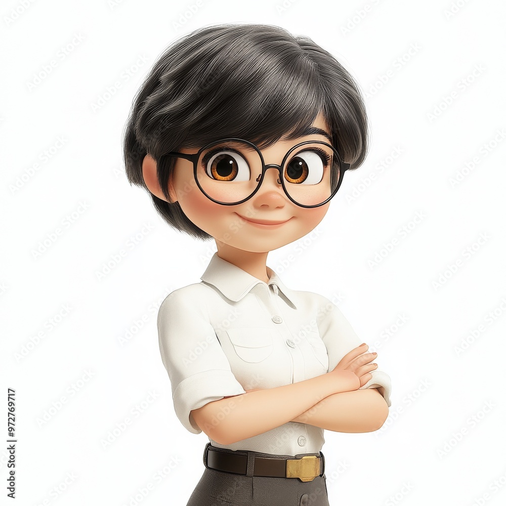 Standing and posing with crossed arms, smiling 3D cartoon character isolated on white and transparent background. Standing and posing with crossed arms, smiling 3D cartoon character isolated on white and transparent background.