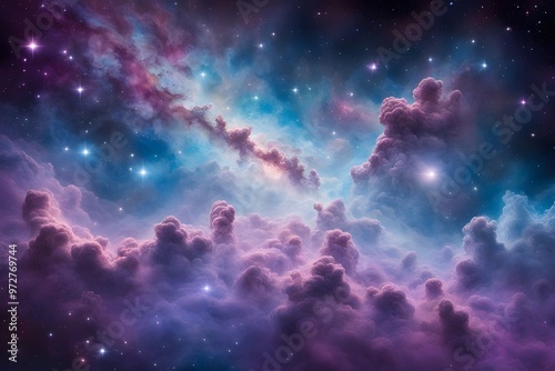 A cosmic scene with stars and distant galaxies in brilliant purples blues and whites, Ai Generated