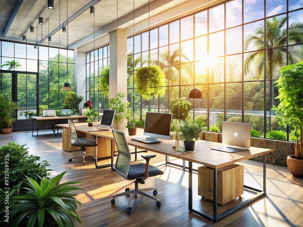 Vibrant morning light pours through transparent glass walls, illuminating a stylish, modern workspace with sleek Vibrant morning light pours through transparent glass walls, illuminating a stylish, modern workspace with sleek