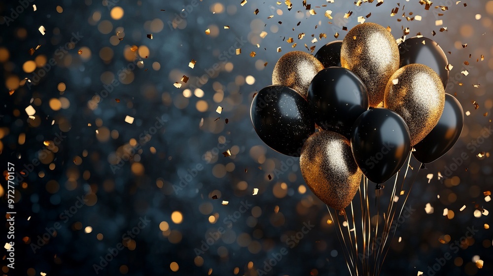Naklejka premium An elegant arrangement of black and gold balloons with golden confetti raining down, set against a dark background to create a festive and stylish tone.