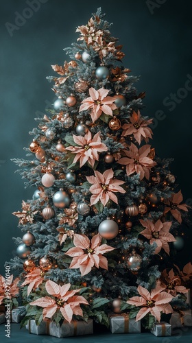 A Christmas tree decorated with metallic gold and silver ornaments, poinsettias flowersat, presents under the tree, dark green background photo