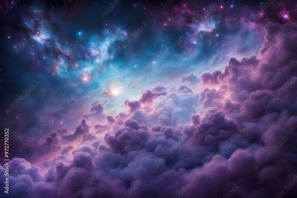 A cosmic scene with stars and distant galaxies in brilliant purples blues and whites, Ai Generated A cosmic scene with stars and distant galaxies in brilliant purples blues and whites, Ai Generated
