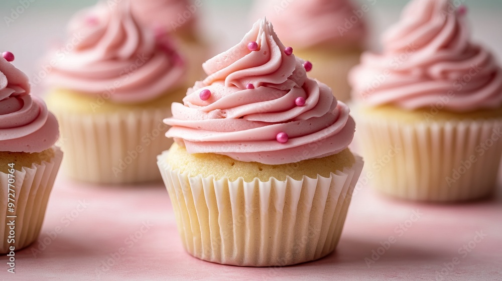 Delicate vanilla cupcakes topped with generous pink frosting swirls, set against a soft pastel background, showcasing a meticulously decorated and visually appealing dessert treat. Delicate vanilla cupcakes topped with generous pink frosting swirls, set against a soft pastel background, showcasing a meticulously decorated and visually appealing dessert treat.