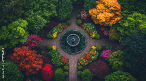 A botanical garden with a central fountain surrounded by a colorful array of flowering plants creating an elegant design. photo