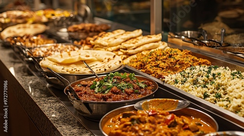 Indian food buffet with naan bread, rice, and various curries in serving trays.