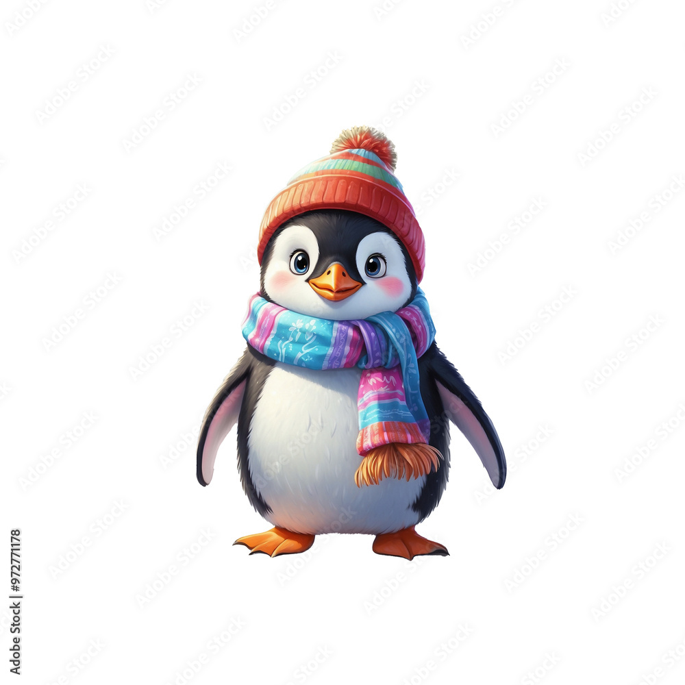 Fototapeta premium Charming Winter Penguin. Cute Penguin in Hat and Scarf Standing in Snow Under a New Year Sky