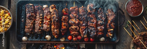 Various grilled meat skewers with vibrant vegetables and aromatic herbs, sizzling on a grill, creating a feast for the eyes and tantalizing the taste buds with mouthwatering flavors. photo