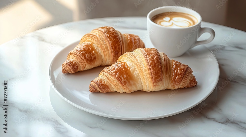 A modern breakfast scene displaying two croissants and a cup of coffee on a white plate, set on a marble table, conveying a sense of luxury and simplicity. A modern breakfast scene displaying two croissants and a cup of coffee on a white plate, set on a marble table, conveying a sense of luxury and simplicity.