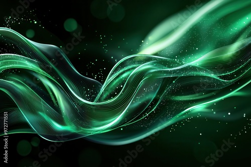 Abstract green waves with sparkles in a dark background. photo