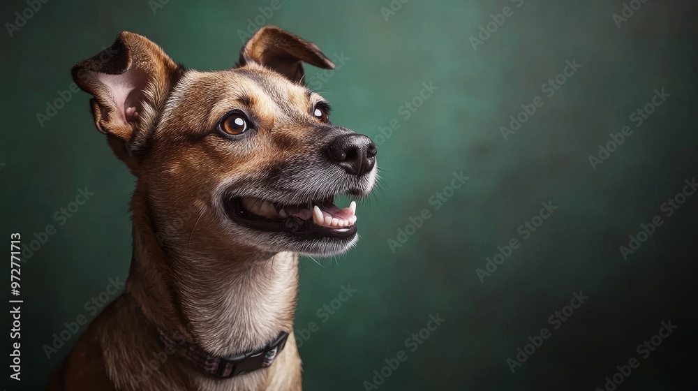 Portrait of a medium mixed breed brown, white, and black dog smiling against a green background in a studio Portrait of a medium mixed breed brown, white, and black dog smiling against a green background in a studio