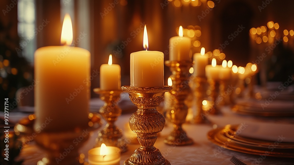 Elegant golden candle holders with tall, flickering candles, arranged in a perfect line along a festive dining table. 4K hyperrealistic photo.