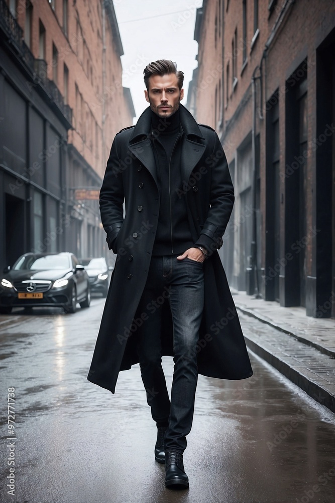 Elegant Man in Black Coat and Pants with Hands in Pockets