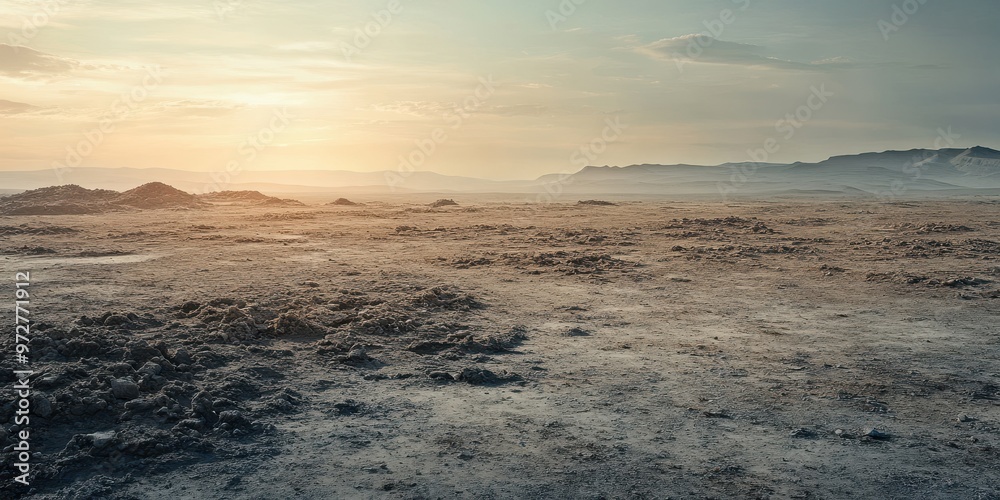 Obraz premium A tranquil landscape showcasing an expansive terrain under a soft sunset, highlighting nature's serene beauty and vastness.
