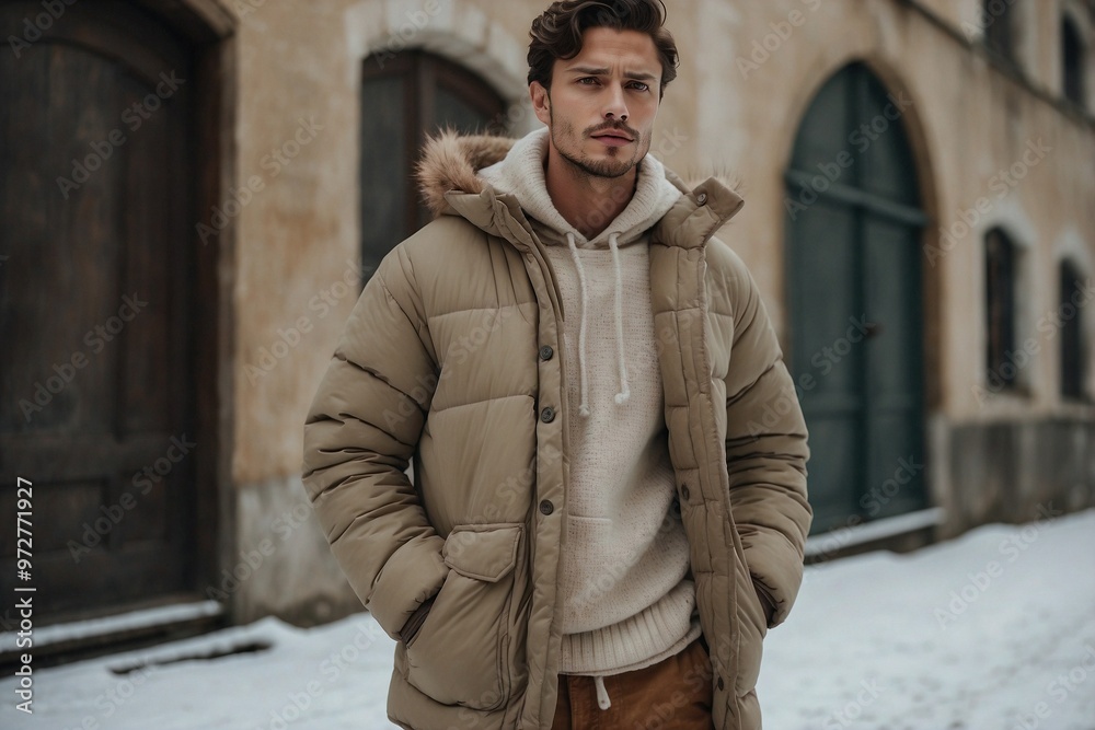 In the Winter Light. Man in Beige Cream Down Jacket with Hands in Pockets In the Winter Light. Man in Beige Cream Down Jacket with Hands in Pockets