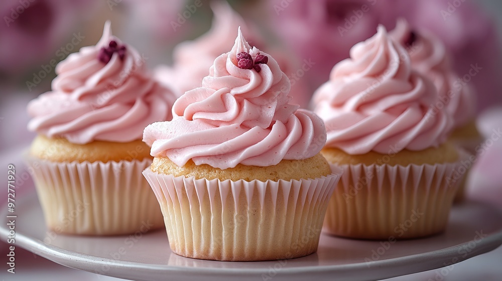 Delicate vanilla cupcakes topped with generous pink frosting swirls, set against a soft pastel background, showcasing a meticulously decorated and visually appealing dessert treat. Delicate vanilla cupcakes topped with generous pink frosting swirls, set against a soft pastel background, showcasing a meticulously decorated and visually appealing dessert treat.