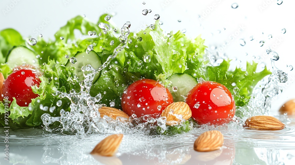Fresh salad ingredients with water splash and almonds. Fresh salad ingredients with water splash and almonds.