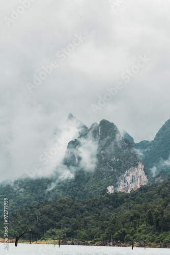 lake and mountain landscapes with clouds in khao sok