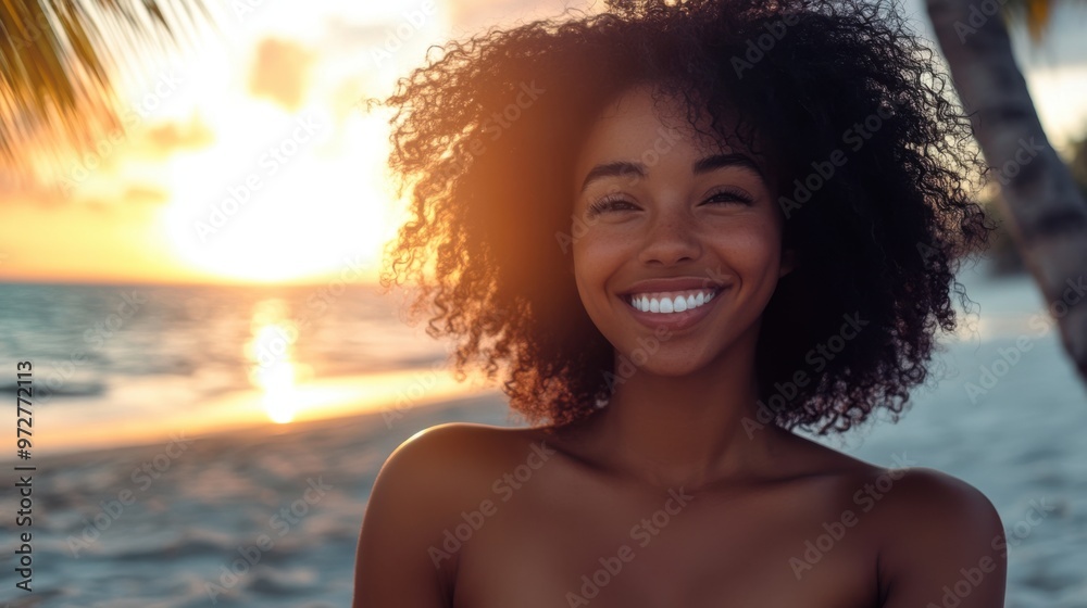 A woman of color laughing and enjoying her tropical getaway on a Bahamian beach, A woman of color laughing and enjoying her tropical getaway on a Bahamian beach,