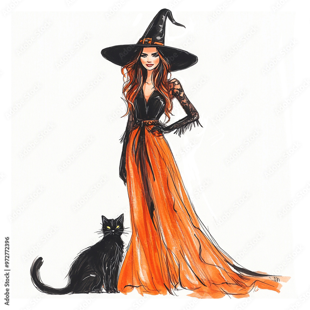 Fashion sketch of a beautiful young woman with a black cat, in a ...