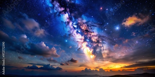 Vibrant night sky ablaze with twinkling stars, swirling galaxies, and delicate clouds, set against a deep shade of