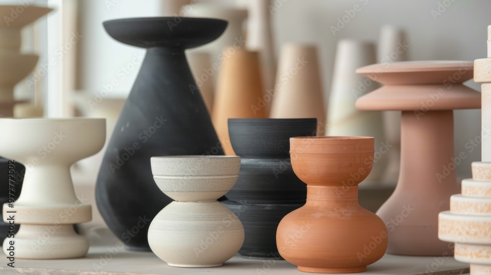 Collection of modern ceramic vases in various shapes and colors arranged aesthetically on a neutral background Collection of modern ceramic vases in various shapes and colors arranged aesthetically on a neutral background