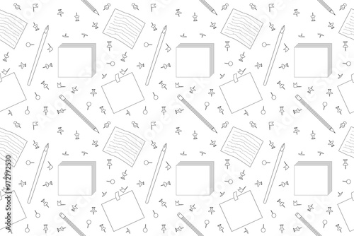Seamless back-to-school coloring page featuring stationery items like pencils, papers, and push pins for fun and creative activities.