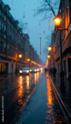 Rainy day ambiance, Gentle rain falling on windows or streets, with soothing mood lighting